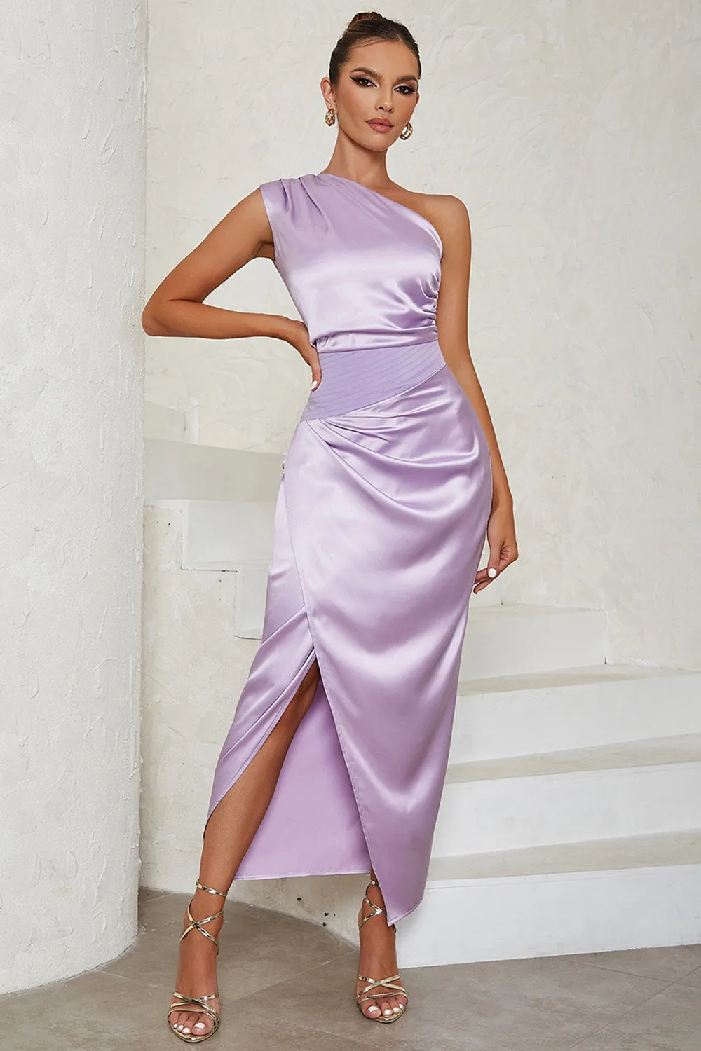 Lavender Sheath One Shoulder Tea Length Formal Dress with Slit sold by Wedtrend