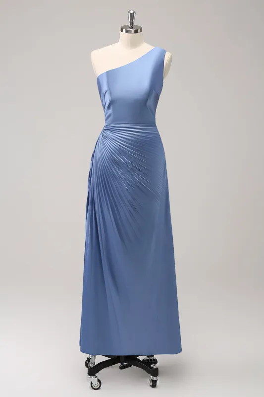Blue Sheath One Shoulder Satin Keyhole Long Bridesmaid Dress made by Wedtrend