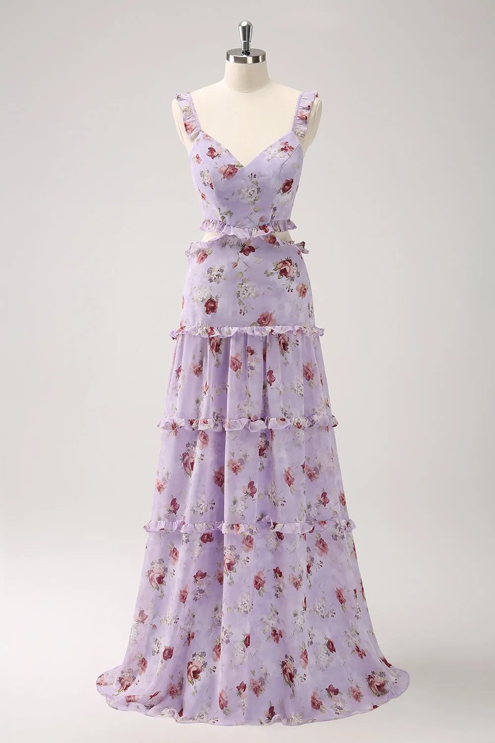 Grey Purple A-Line Rose Print Cut Out Bridesmaid Dress with Ruffles sold by Wedtrend product image thumbnail 5