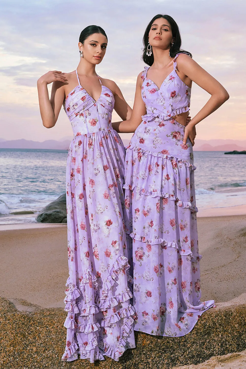 Grey Purple A-Line Rose Print Cut Out Bridesmaid Dress with Ruffles sold by Wedtrend product image thumbnail 2