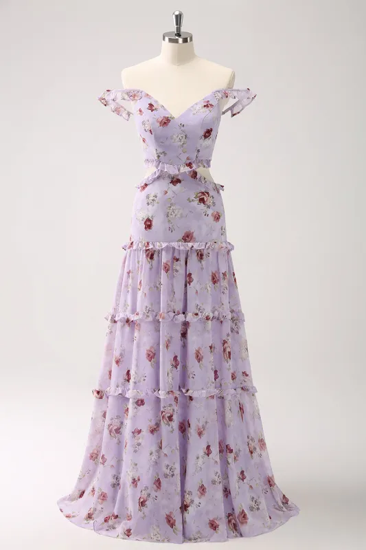 Grey Purple A-Line Rose Print Cut Out Bridesmaid Dress with Ruffles made by Wedtrend