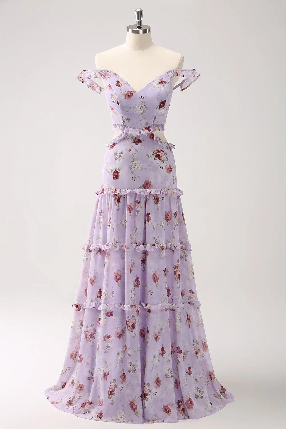 Grey Purple A-Line Rose Print Cut Out Bridesmaid Dress with Ruffles sold by Wedtrend