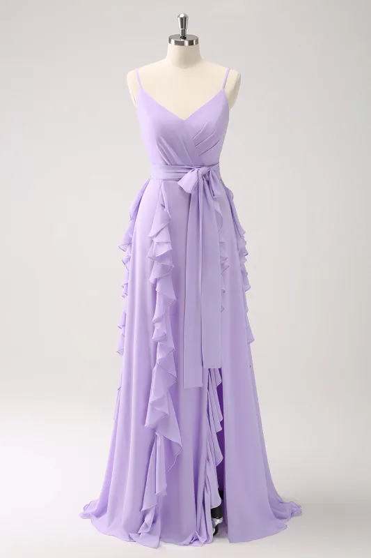 Lilac A Line Ruched Chiffon Ruffle Long Bridesmaid Dress with Slit sold by Wedtrend