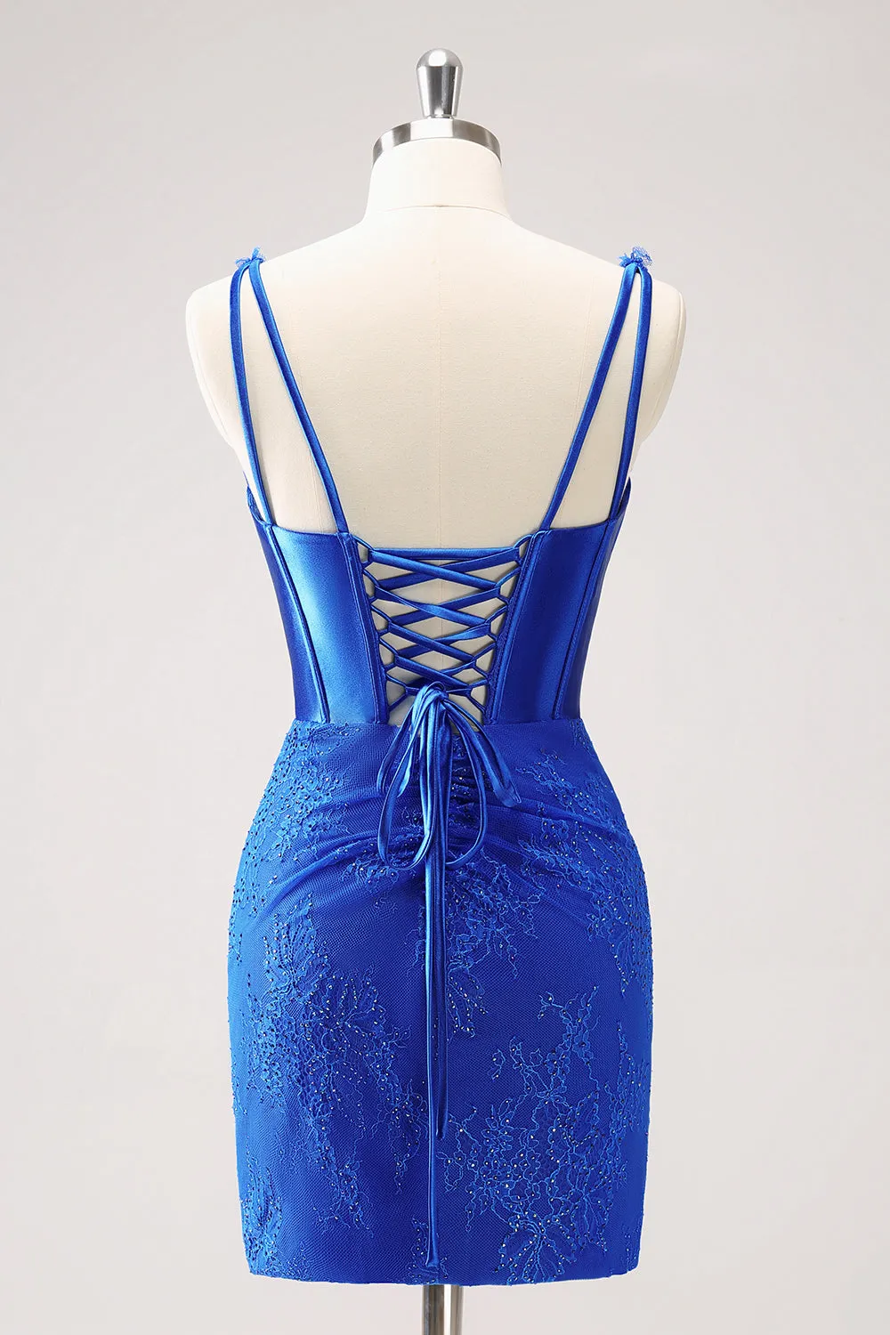 Sparkly Royal Blue Bodycon V Neck Beaded Corset Ruched Homecoming Dress with Lace Up Back sold by Wedtrend product image thumbnail 2