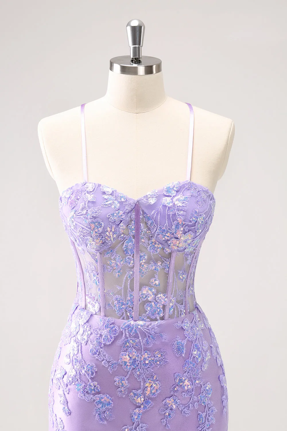 Sparkly Lilac Bodycon Spaghetti Straps Sequin Corset Homecoming Dress with Appliques sold by Wedtrend product image thumbnail 4