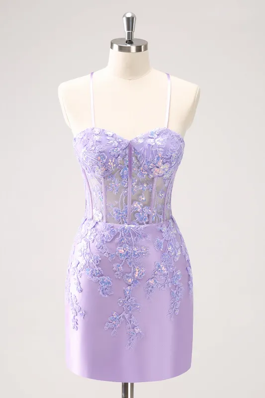 Sparkly Lilac Bodycon Spaghetti Straps Sequin Corset Homecoming Dress with Appliques made by Wedtrend