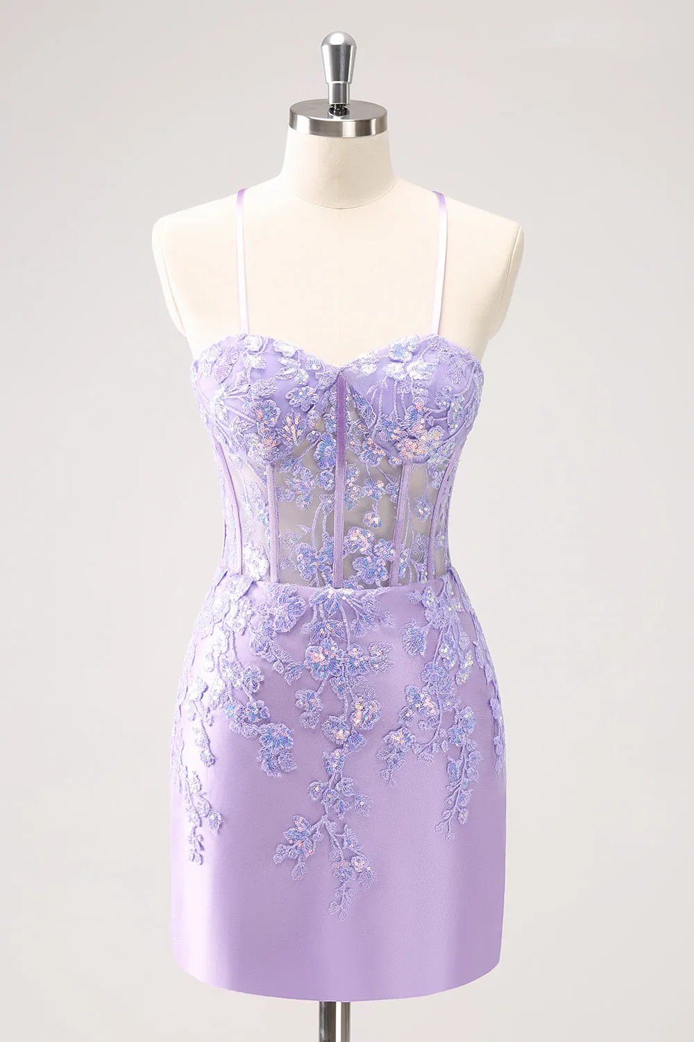 Sparkly Lilac Bodycon Spaghetti Straps Sequin Corset Homecoming Dress with Appliques sold by Wedtrend