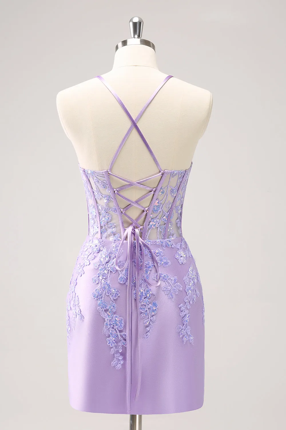 Sparkly Lilac Bodycon Spaghetti Straps Sequin Corset Homecoming Dress with Appliques sold by Wedtrend product image thumbnail 2