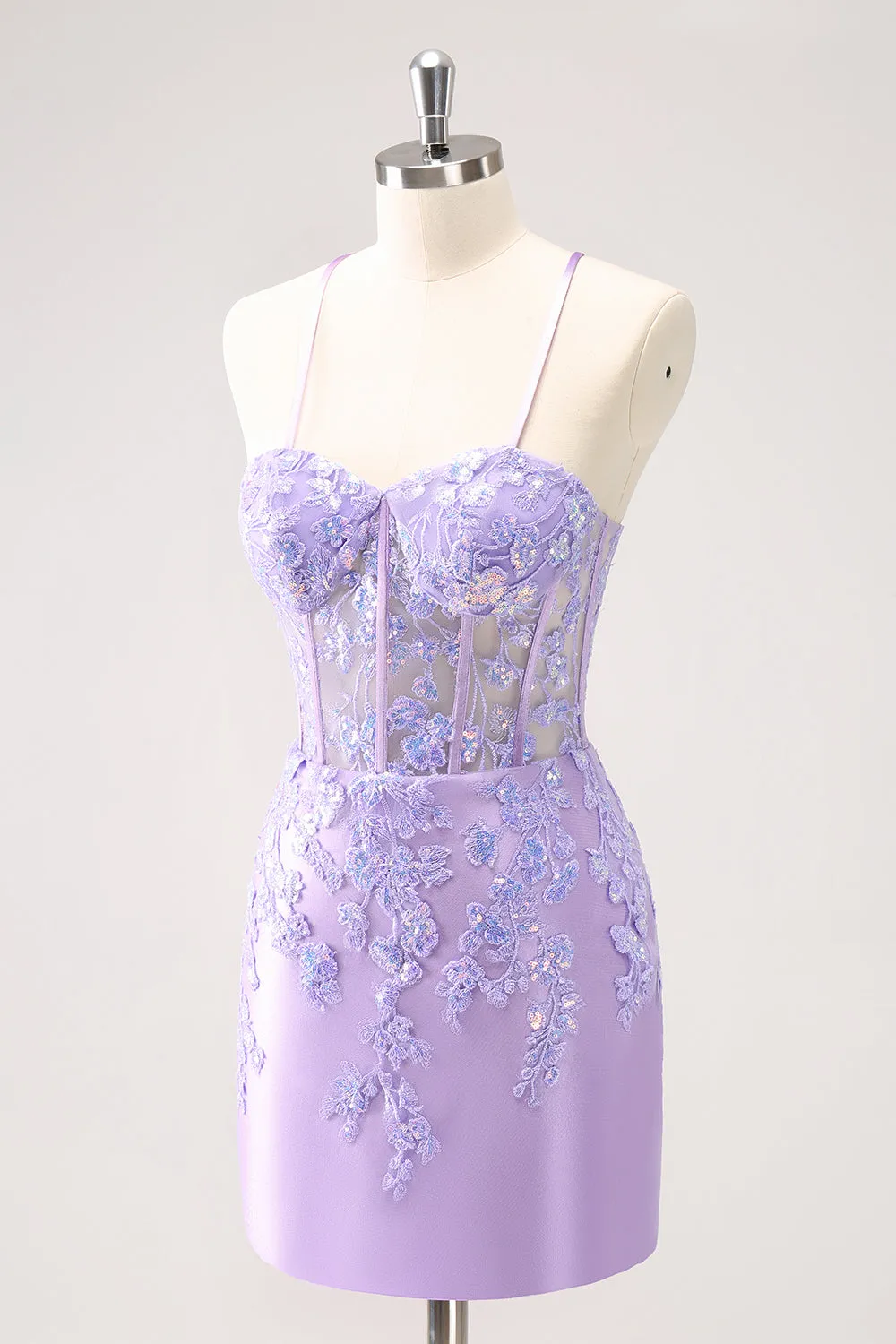 Sparkly Lilac Bodycon Spaghetti Straps Sequin Corset Homecoming Dress with Appliques sold by Wedtrend product image thumbnail 3