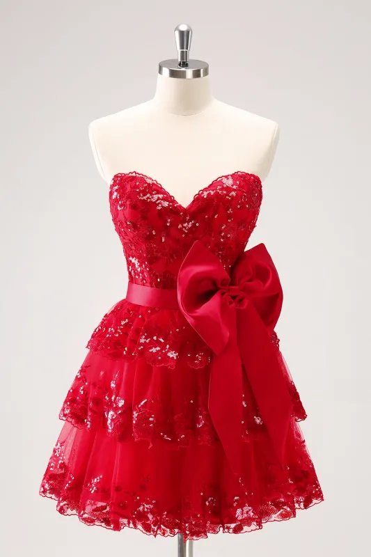 Sparkly Red A Line Sweetheart Corset Tiered Ruffle Homecoming Dress with Bows made by Wedtrend