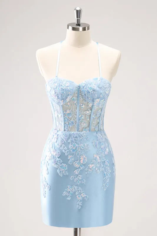 Sparkly Blue Spaghetti Straps Sequin Corset Tigtht Homecoming Dress with Appliques made by Wedtrend