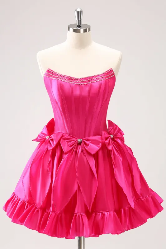 Cute Fuchsia A Line Strapless Corset Ruffle Beaded Homecoming Dress with Bows sold by Wedtrend