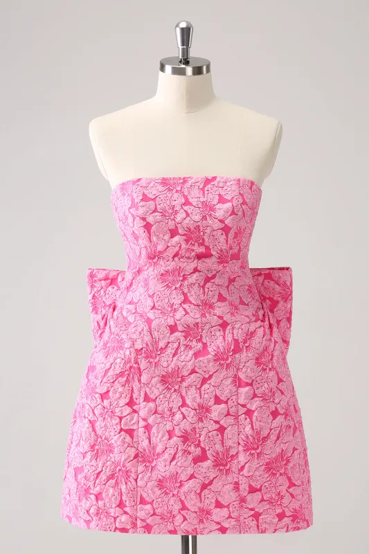 Cute Hot Pink A Line Strapless Print Mini Homecoming Dress with Bow made by Wedtrend