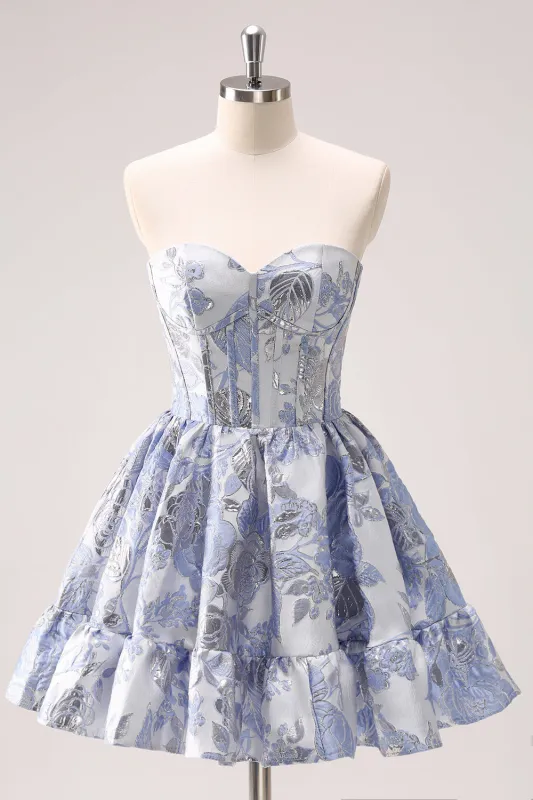 Cute A Line Sweetheart Print Corset Mini Blue Homecoming Dress with Ruffles made by Wedtrend