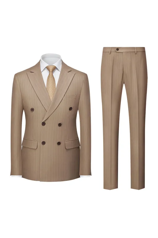 Men's Khaki Pinstriped Peak Lapel 2 Piece Silm Fit Double Breatsed Wedding Suits made by Wedtrend