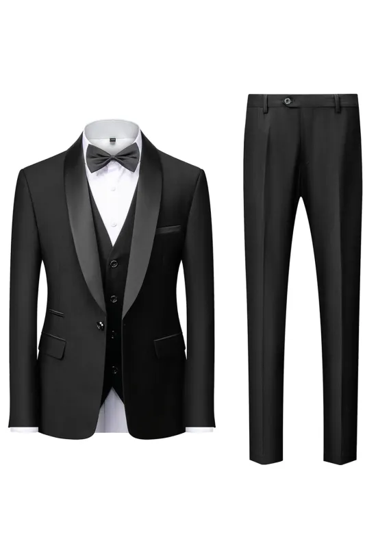 Men's Black Slim Fit Shawl Lapel Three-Pieces Wedding Suits made by Wedtrend