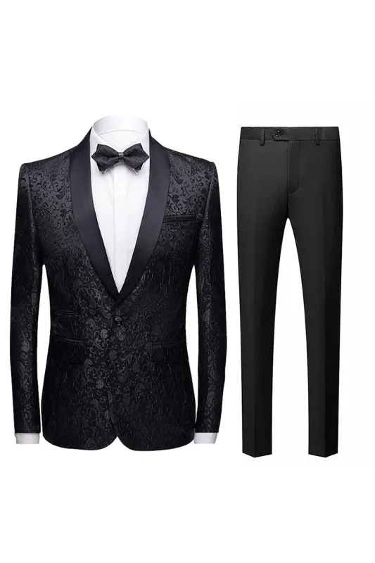 Men's Black Slim Fit Jacquard Shawl Lapel 2 Pieces Wedding Suits made by Wedtrend