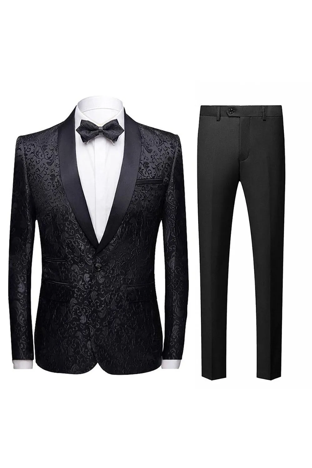 Men's Black Slim Fit Jacquard Shawl Lapel 2 Pieces Wedding Suits sold by Wedtrend