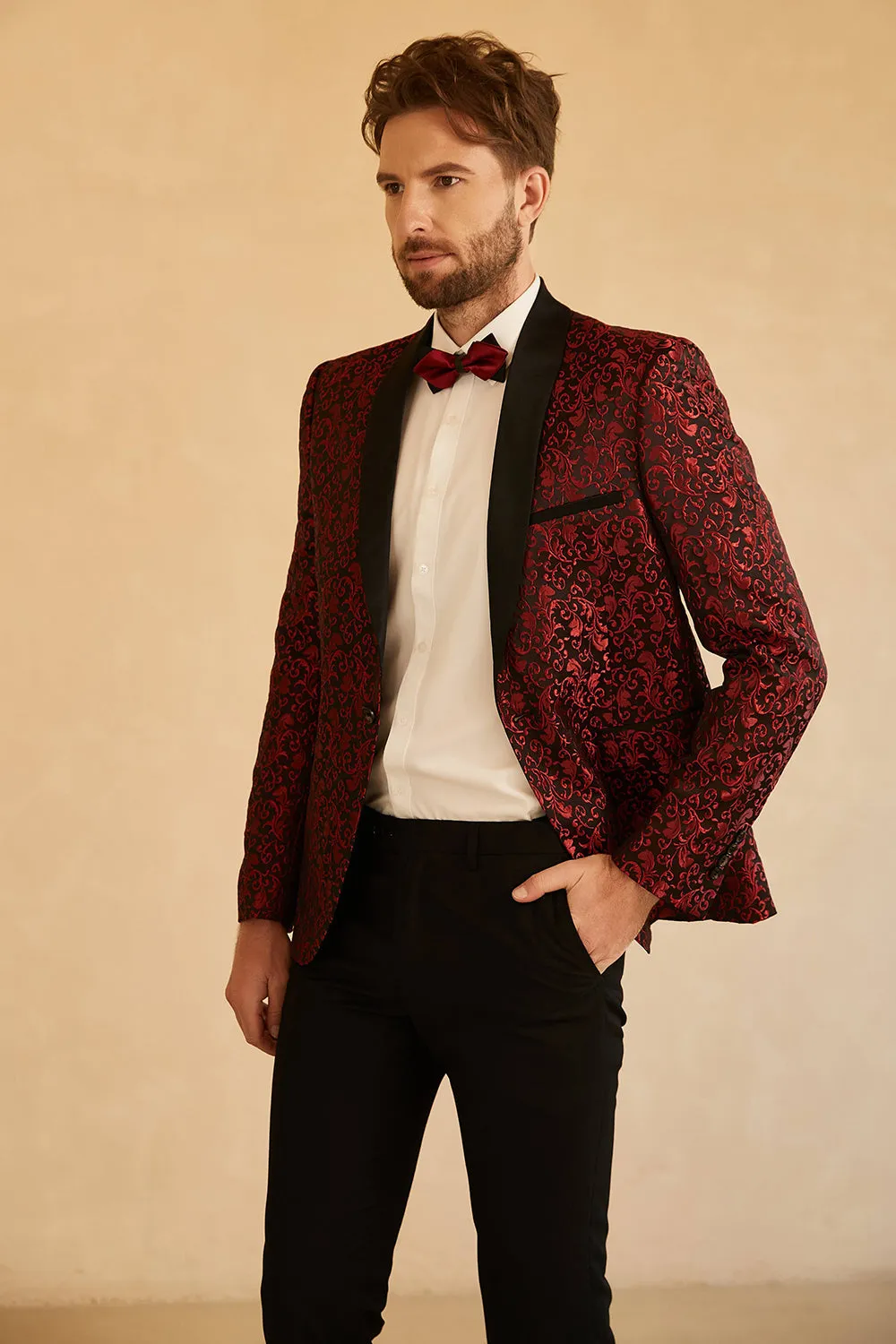 Men's Red Shawl Lapel Jacquard One Button Prom Blazer sold by Wedtrend