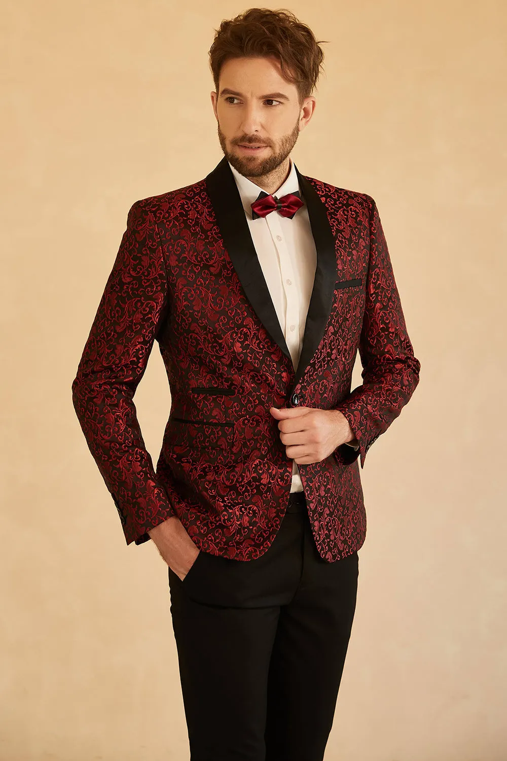 Men's Red Shawl Lapel Jacquard One Button Prom Blazer sold by Wedtrend product image thumbnail 3