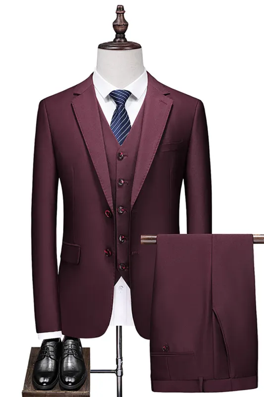 Men's Burgundy Silm Fit Notched Lapel Two Buttons Wedding Suits made by Wedtrend