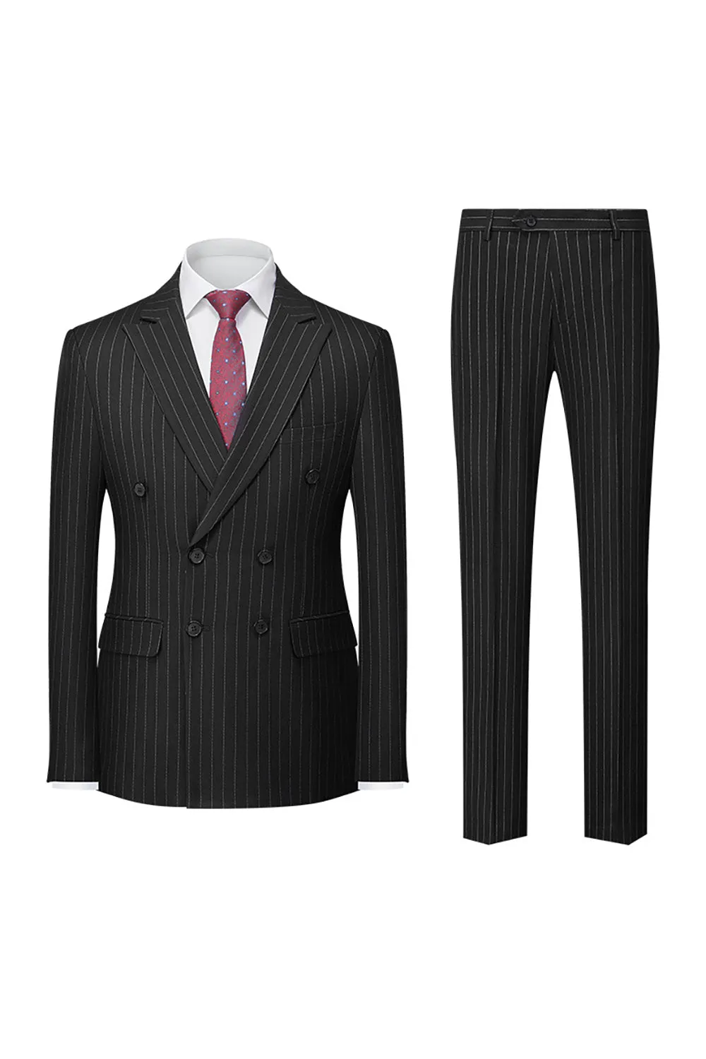 Men's Black Pinstriped Peak Lapel 2 Piece Silm Fit Double Breatsed Wedding Suits sold by Wedtrend product image thumbnail 2