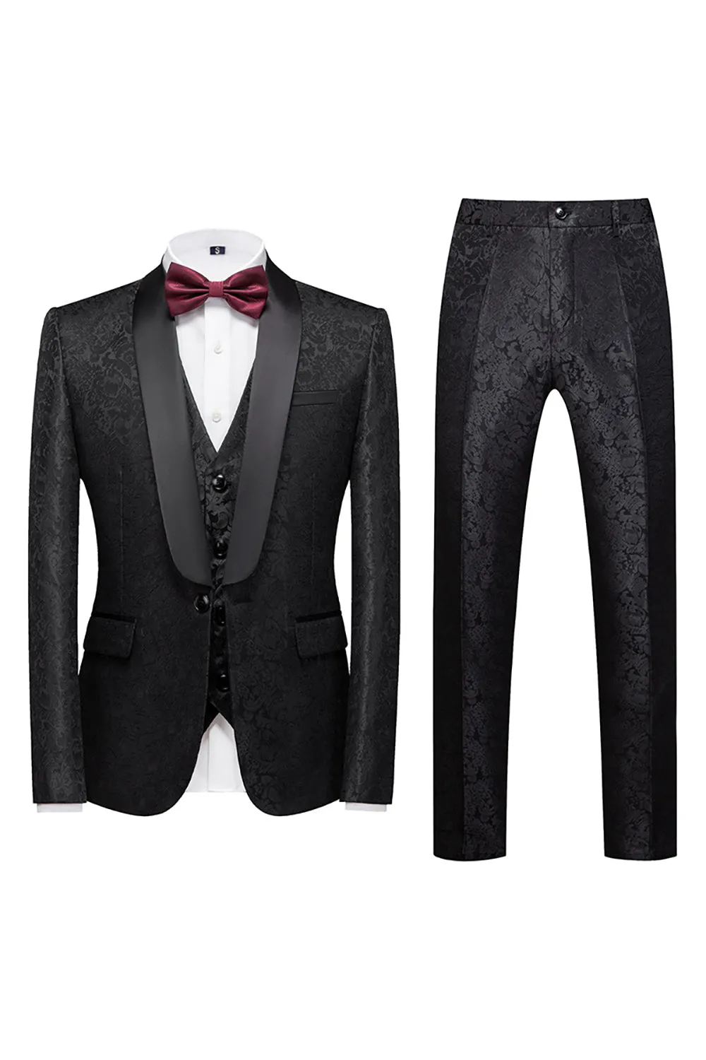 Men's Black Silm Fit 3 Piece Jacquard Shawl Lapel Wedding Suits sold by Wedtrend