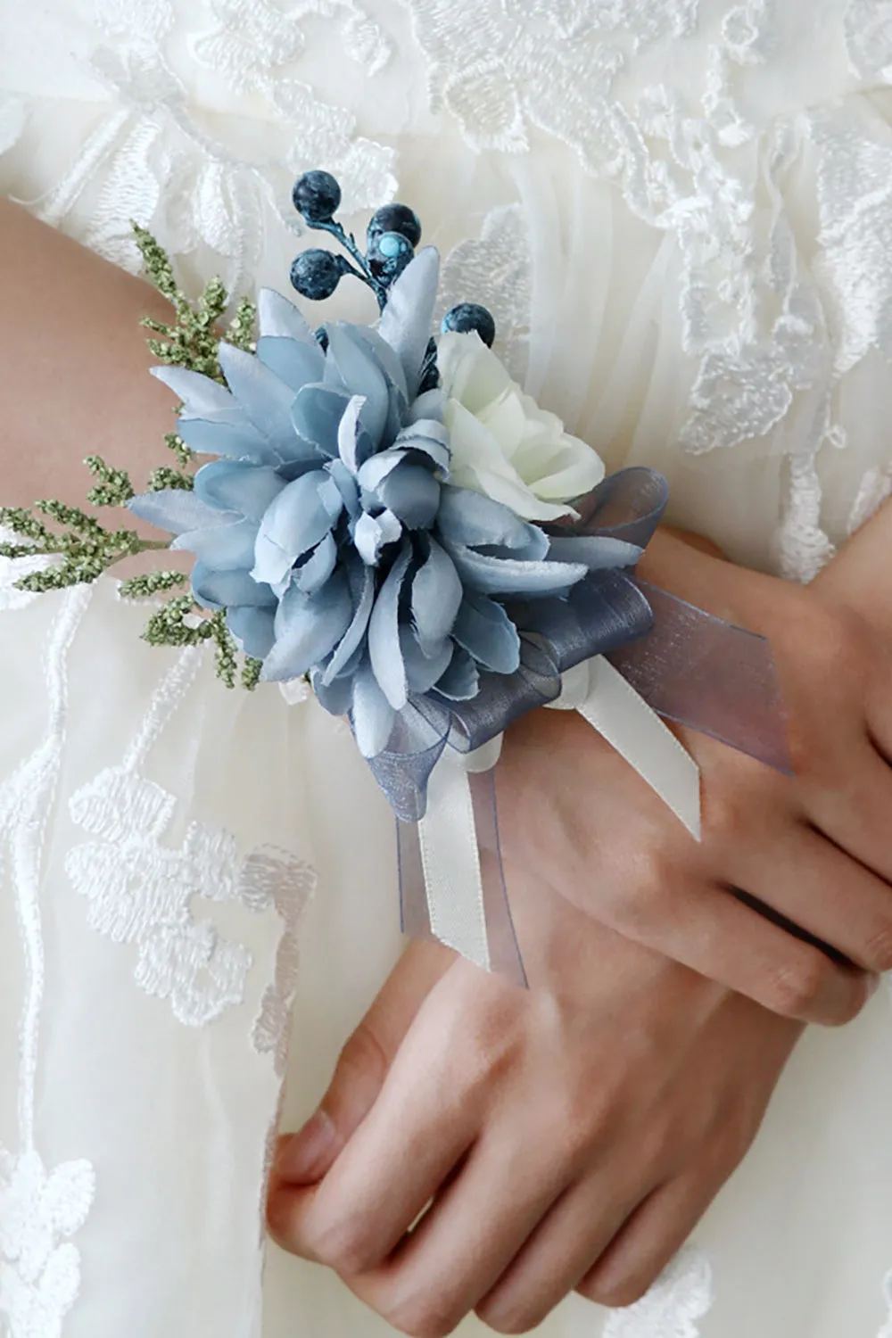 Grey Blue Wrist Corsage and Men Boutonniere Set for Prom Wedding Party sold by Wedtrend product image thumbnail 4