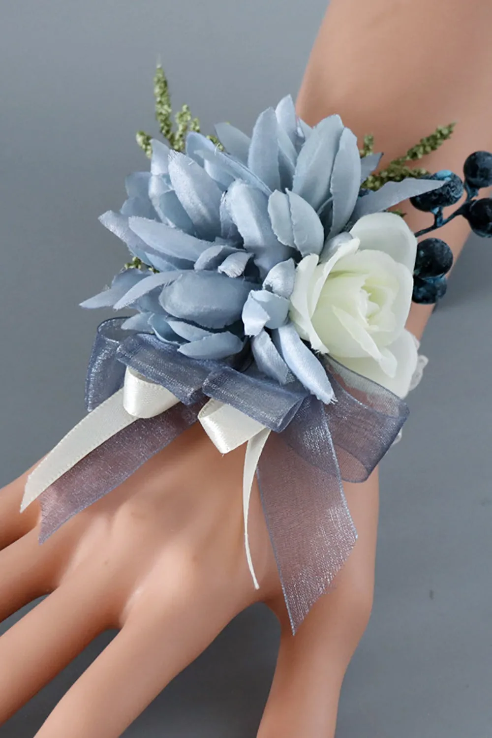 Grey Blue Wrist Corsage and Men Boutonniere Set for Prom Wedding Party sold by Wedtrend