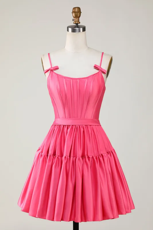 Cute Fuchsia A Line Spaghetti Straps Corset Ruffle Homecoming Dress with Bows made by Wedtrend