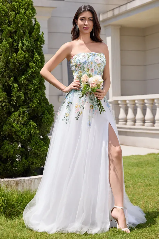 White A Line Strapless Front Slit Tulle Corset Long Wedding Dress With Embroidery sold by Wedtrend