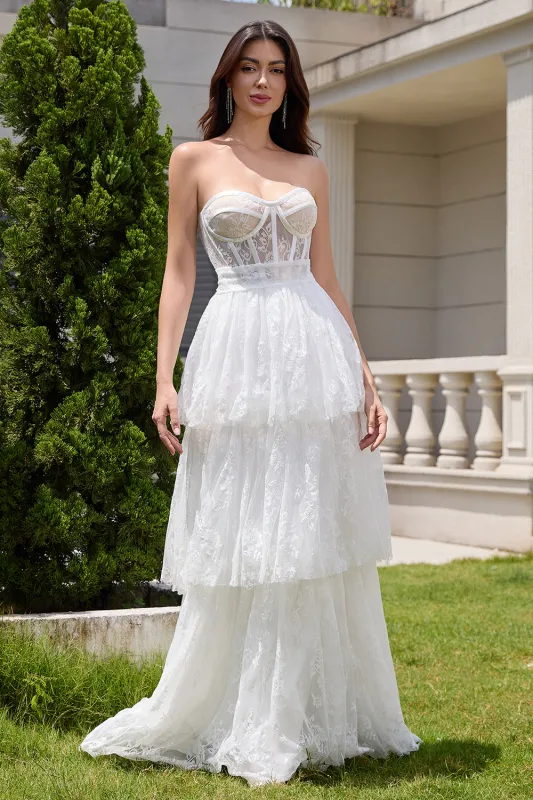 White A Line Sweetheart Corset Tiered Wedding Dress with Appliques Lace made by Wedtrend