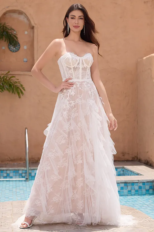 White A-Line Sweetheart Corset Long Bridal Dress with Appliques Lace sold by Wedtrend