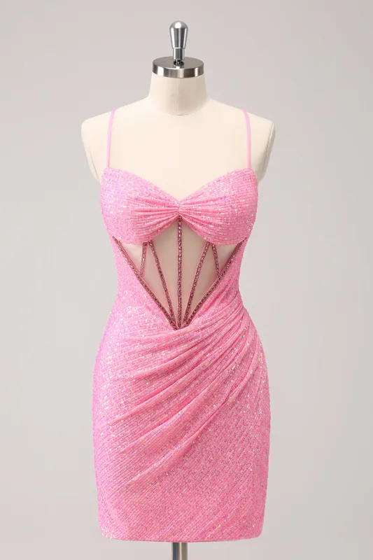 Stylish Sparkly Unique Pink Tight Sequin Corset Homecoming Dress with Lace Up Back sold by Wedtrend
