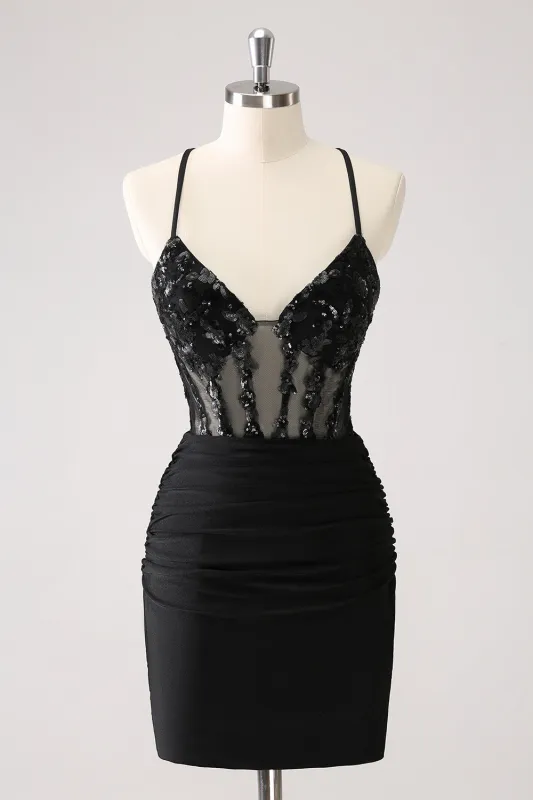 Sparkly Unique Black Tight Spaghetti Straps Sequin Homecoming Dress with Lace Up Back sold by Wedtrend