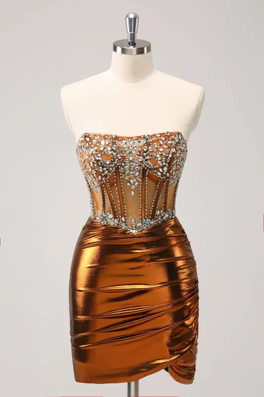 Glitter Copper Tight Strapless Corset Short Metallic Homecoming Dress with Beading sold by Wedtrend