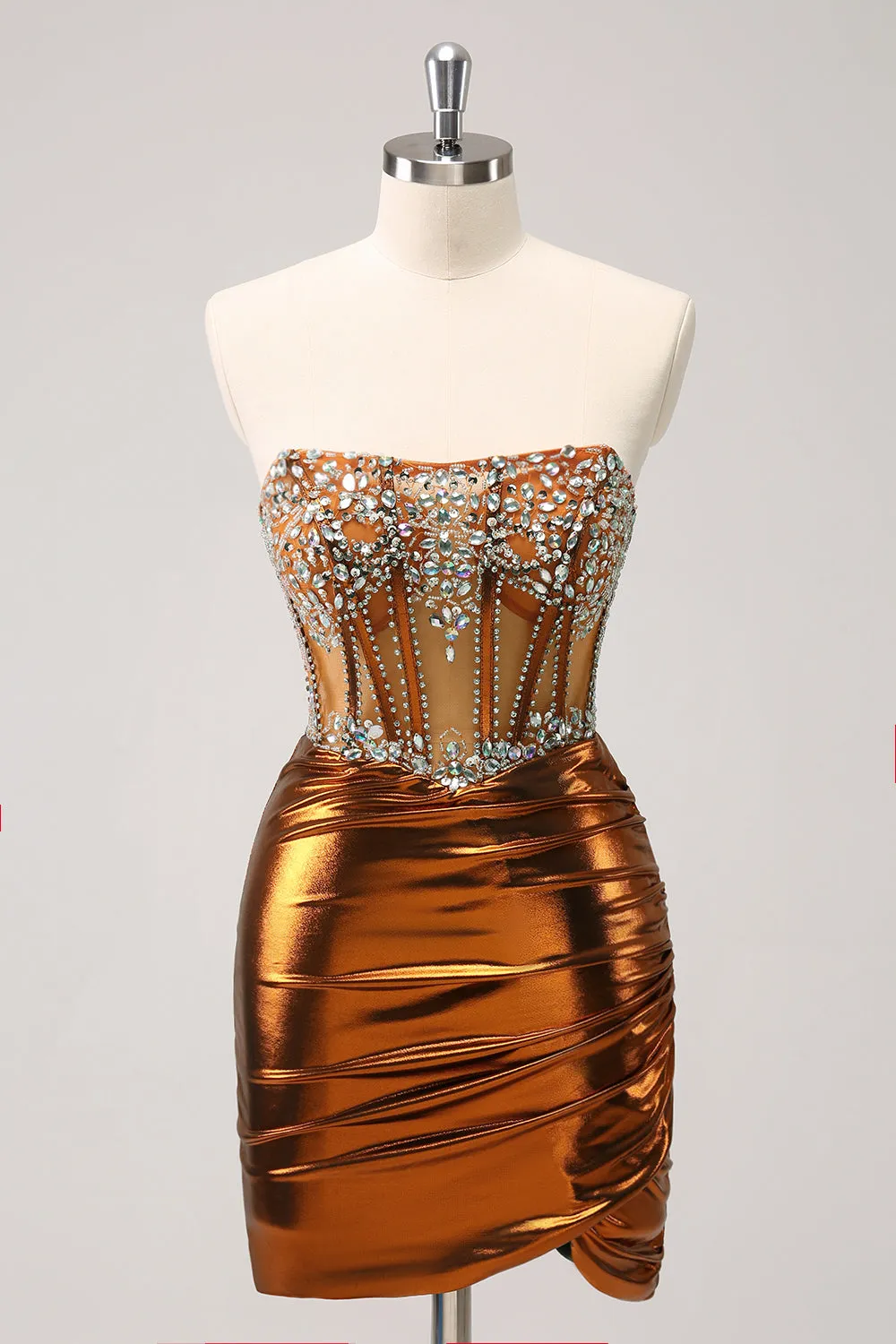 Glitter Copper Tight Strapless Corset Short Metallic Homecoming Dress with Beading sold by Wedtrend