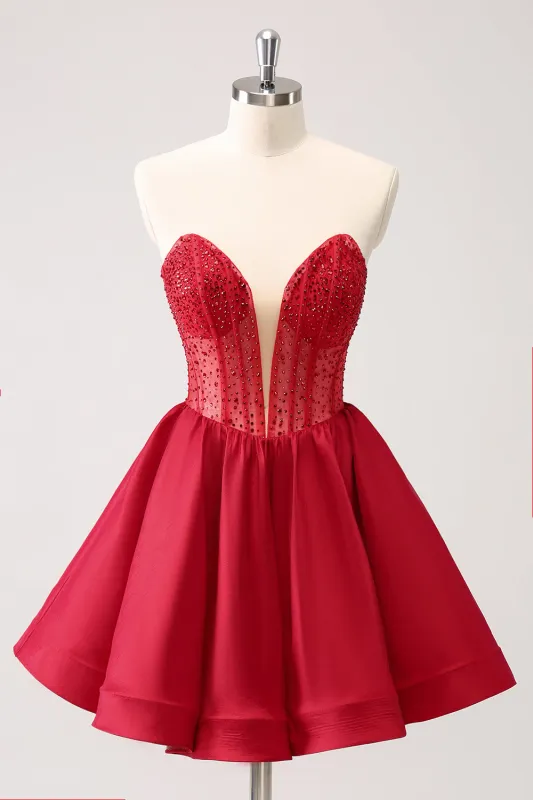 Cute Red A Line Strapless Corset Ruffle Homecoming Dress with Beading sold by Wedtrend