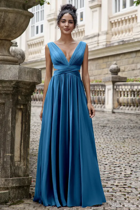 Ink Blue A Line V Neck Pleated Backless Chiffon Maxi Dress with Lace Up Back sold by Wedtrend