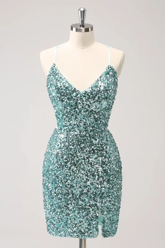 Sparkly Blue Tight Lace Up Back Sequin Short Homecoming Dress with Slit made by Wedtrend