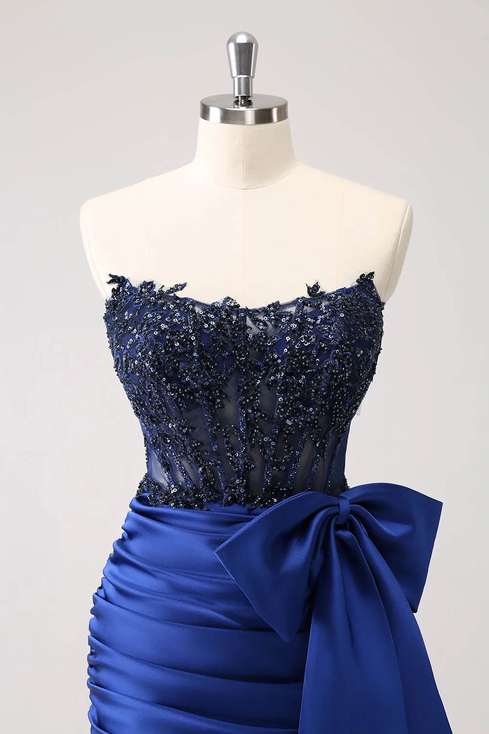 Unique Navy Tight Strapless Corset Pleated Short Beaded Homecoming Dress with Bow sold by Wedtrend product image thumbnail 5