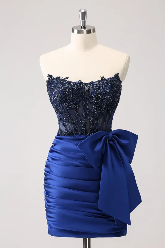 Unique Navy Tight Strapless Corset Pleated Short Beaded Homecoming Dress with Bow made by Wedtrend