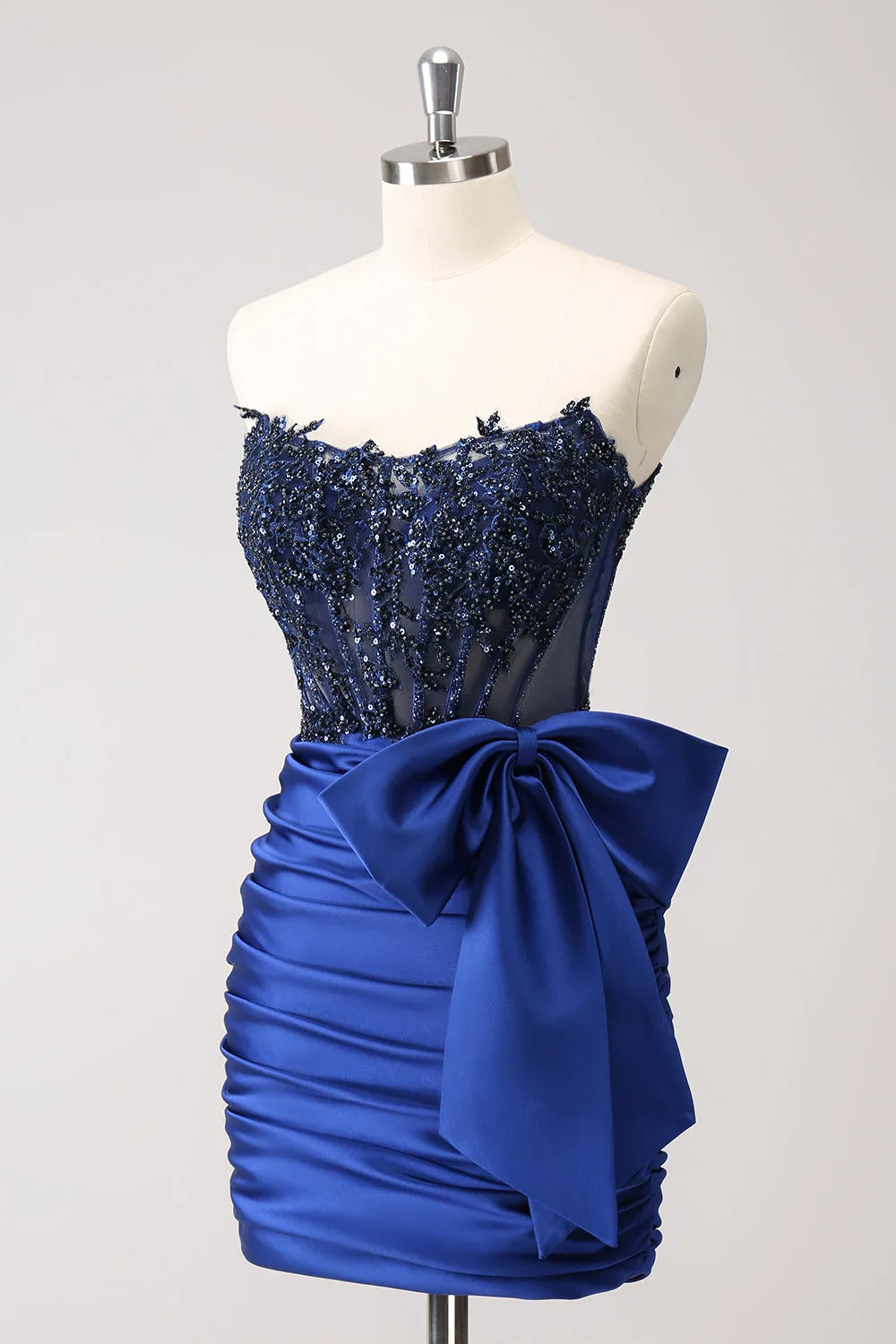 Unique Navy Tight Strapless Corset Pleated Short Beaded Homecoming Dress with Bow sold by Wedtrend product image thumbnail 3