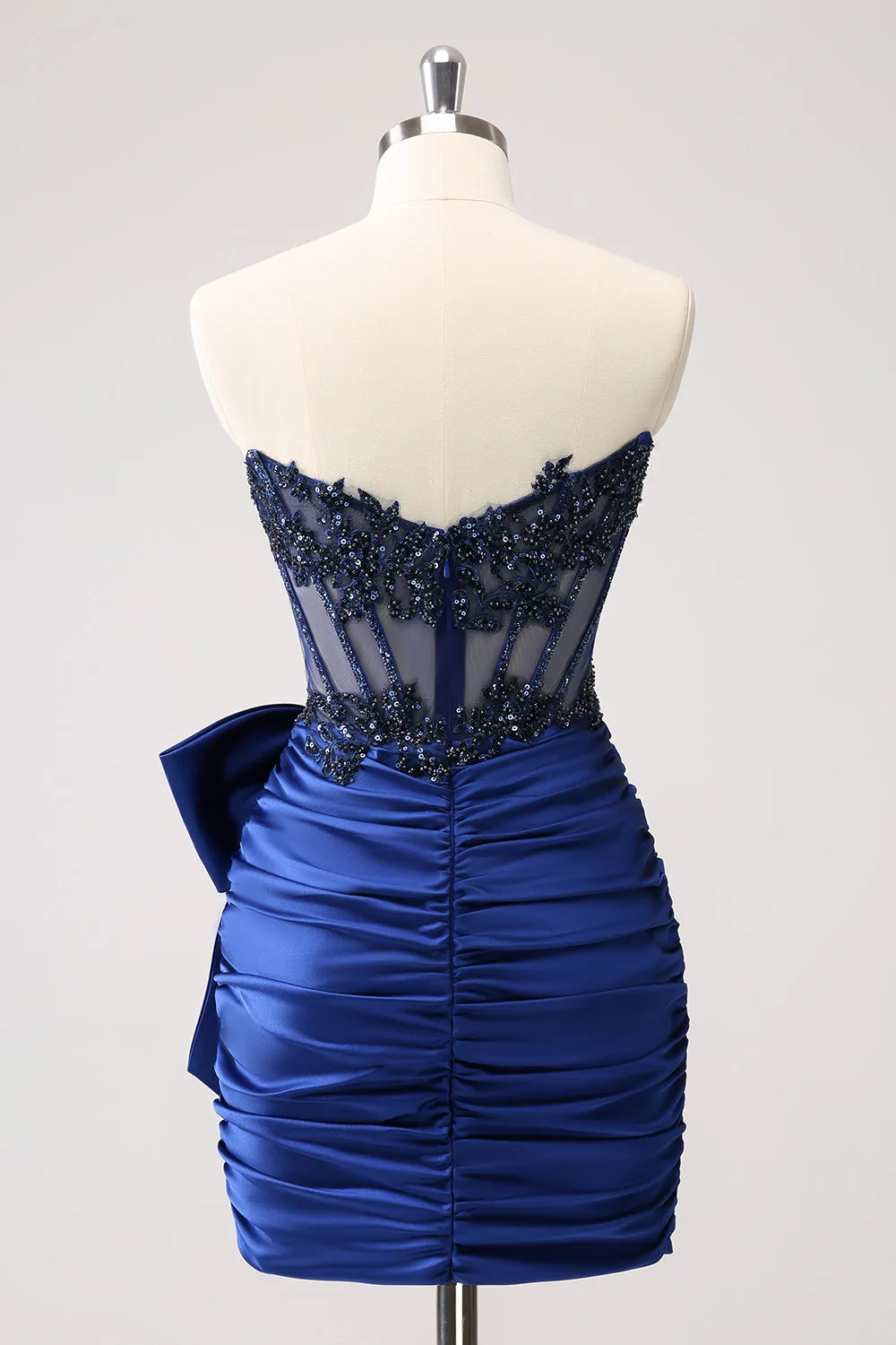 Unique Navy Tight Strapless Corset Pleated Short Beaded Homecoming Dress with Bow sold by Wedtrend product image thumbnail 2