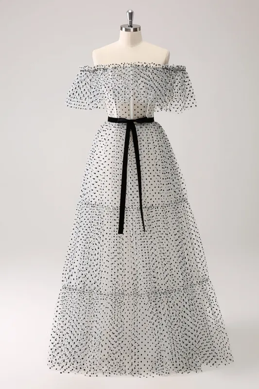 White Black Dot A Line Off The Shoulder Corset Long Prom Dress with Bow made by Wedtrend