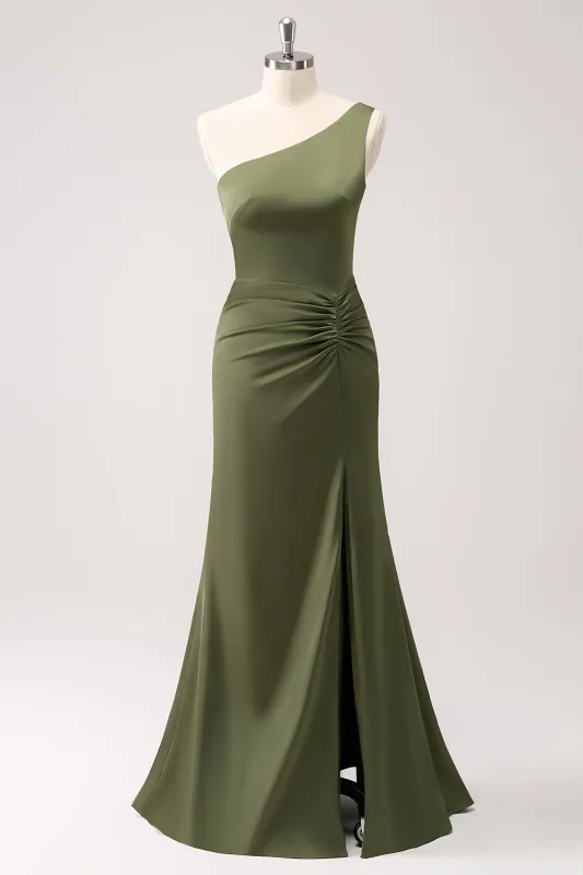 Mermaid One Shoulder Pleated Backless Olive Bridesmaid Dress with Slit sold by Wedtrend