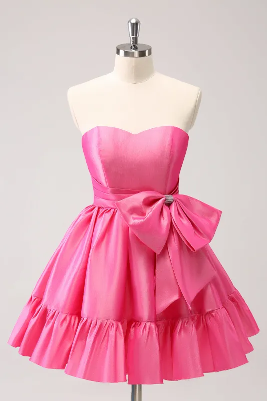 Cute Hot Pink A Line Strapless Pleated Short Homecoming Dress with Bow made by Wedtrend