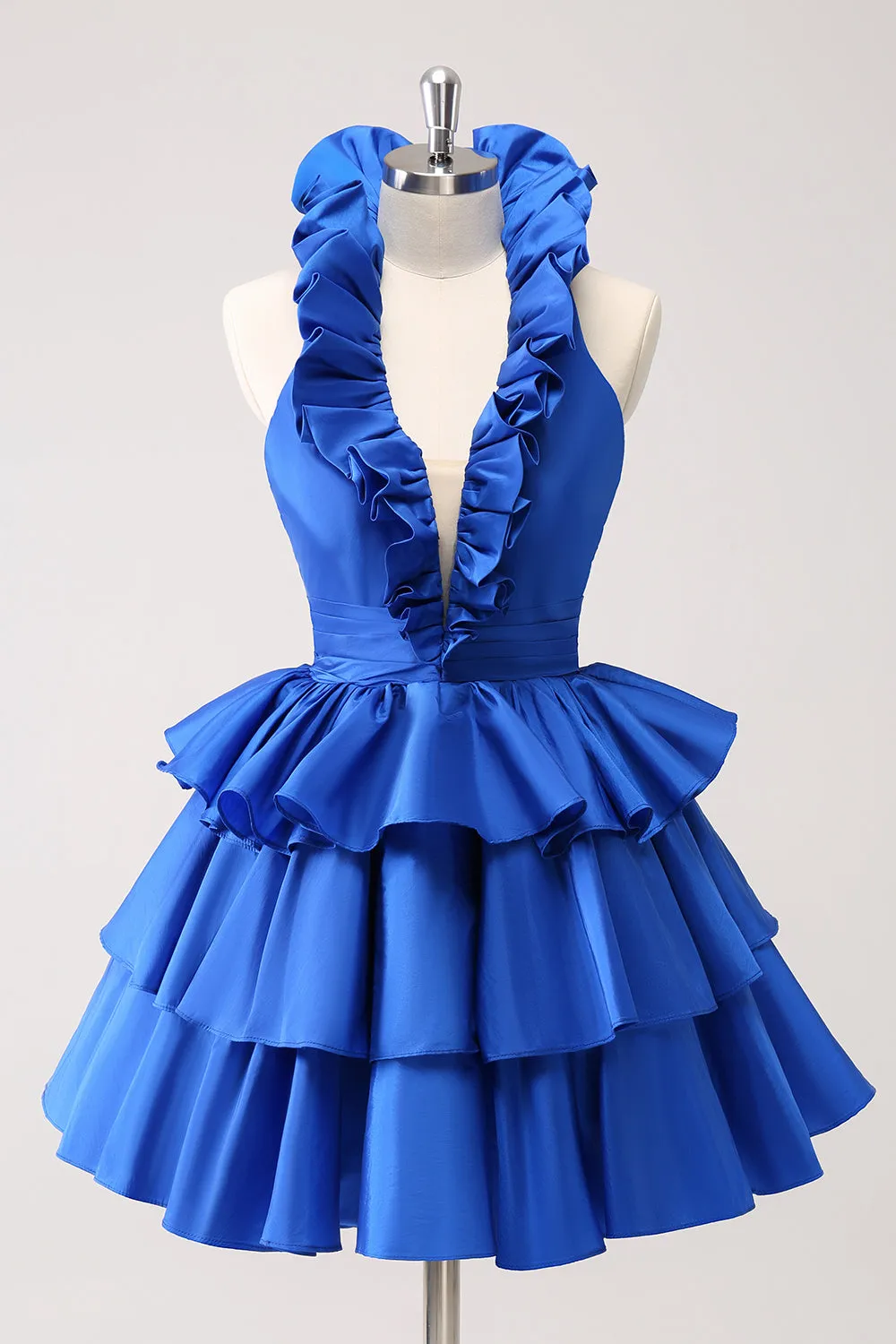 Cute Royal Blue A Line Halter Tiered Backless Homecoming Dress with Ruffles sold by Wedtrend