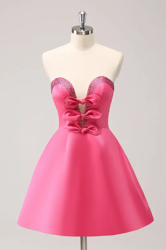 Cute Hot Pink A Line Strapless Cut Out Homecoming Dress with Beading made by Wedtrend