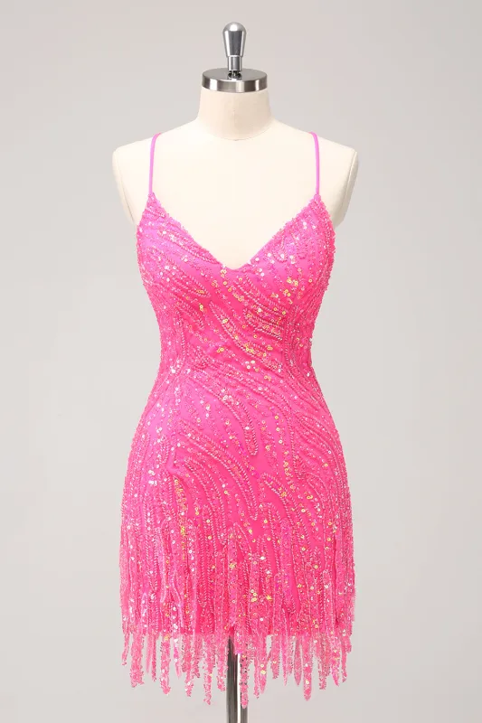 Unique Glitter Hot Pink Spaghetti Straps Sequin Tight Homecoming Dress with Tassel sold by Wedtrend